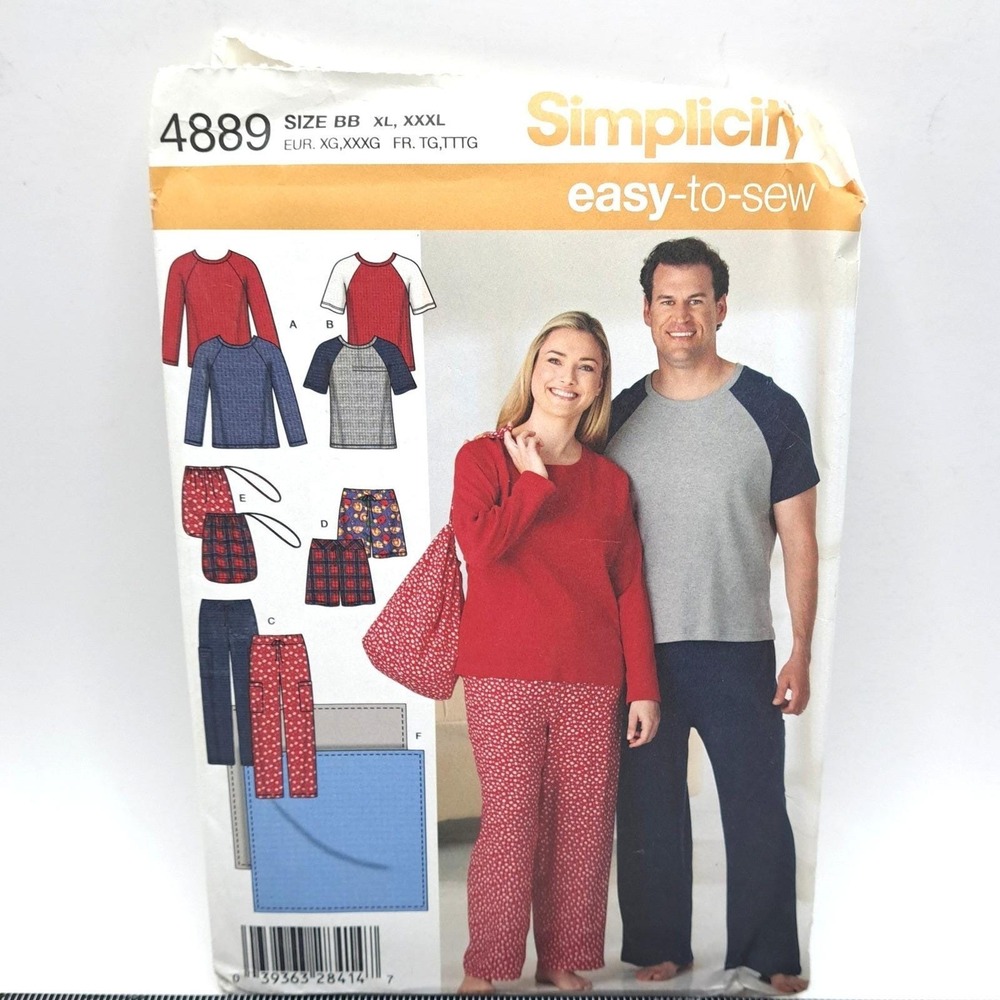 Simplicity 4889 Sewing Pattern Unisex XL XXXL Multi Color Pajamas Loungewear DIY